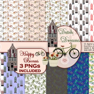 Papel digital temático holandés, patrón sin costuras de Ámsterdam, casas del canal de Ámsterdam, descarga instantánea