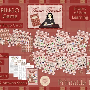 May include: A printable PDF bingo game featuring Anne Frank. The game includes 12 bingo cards, fact sheets, clues and answers sheets, and two versions: English and Dutch. The image shows a red and white plaid background with a picture of Anne Frank writing in a notebook.