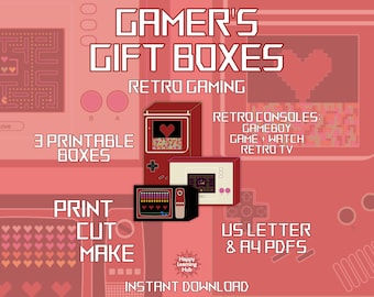 Utskrivbara presentaskar, utskrivbara julgranskulor, festtillbehör, nyhetsask, spel, spel, kärlek, Pacman, retro, nyhet, PDF, digital nedladdning