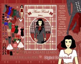 Anne Frank Doll, Printable Crafts for Kids, Printable PDF, 1930s Paper Dolls, Girls Paper Toys, Clipart Collection, Digital Download