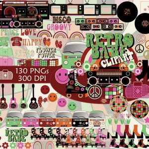 May include: A digital clipart set with a retro 1970s theme. The set includes images of peace signs, flowers, smiley faces, roller skates, a boombox, a van, a cassette tape, a record player, and more. The text "Retro Babe Clipart" is featured in the center of the image. The text "130 PNGs 300 DPI" is also included in the image.
