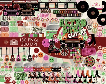 Retro Clipart, 80s clipart, 70s clipart, Groovy, Peace, Funky, Disco, Vintage Style, PNGs, Transparent Background, Digital Download,