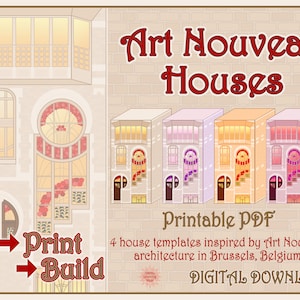 Case stampabili in stile Art Nouveau, modello di casa a schiera belga, case di carta, attività artigianali, scatole di bomboniere, download digitale