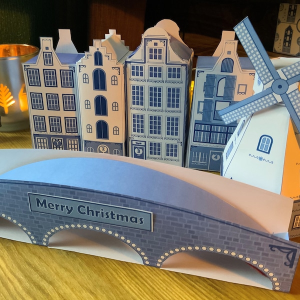 Afdrukbare adventskalender Amsterdamse huizen, Nederlandse windmolendorp adventskalender, afdrukbare kerstversieringen, digitale download