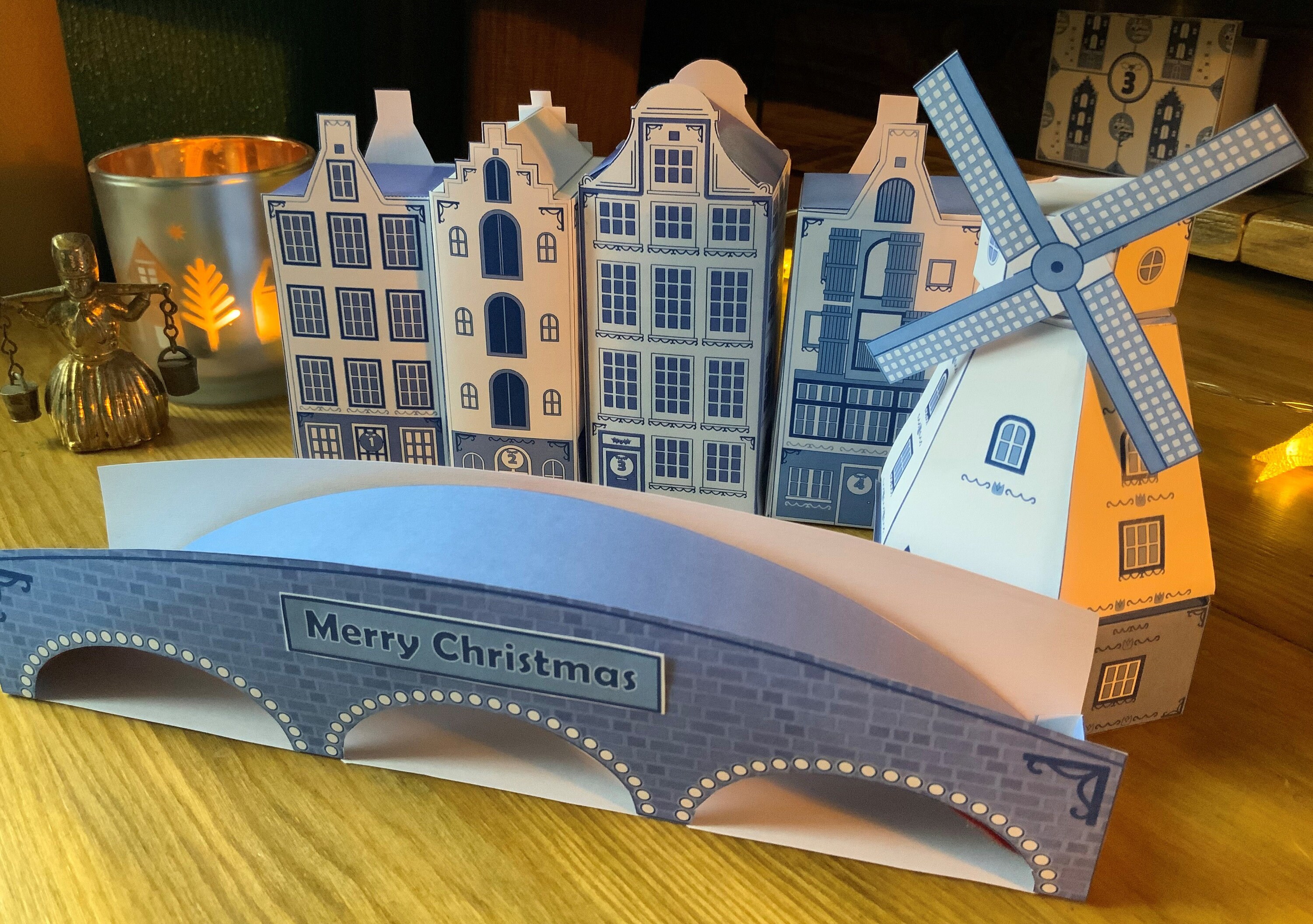 Printable Advent Calendar Amsterdam Houses, Dutch Windmill Village