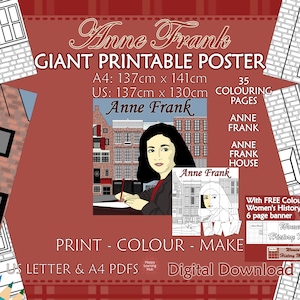 Mese della storia delle donne, grande poster da colorare stampabile, Anne Frank, alloggio segreto, donne nella storia, colore nelle pagine, PDF, download digitale