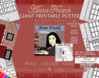 Women's History Month, Large Printable Colouring Poster, Anne Frank, Secret Annex, Women in History, Colour In Pages, PDF, Digital Download