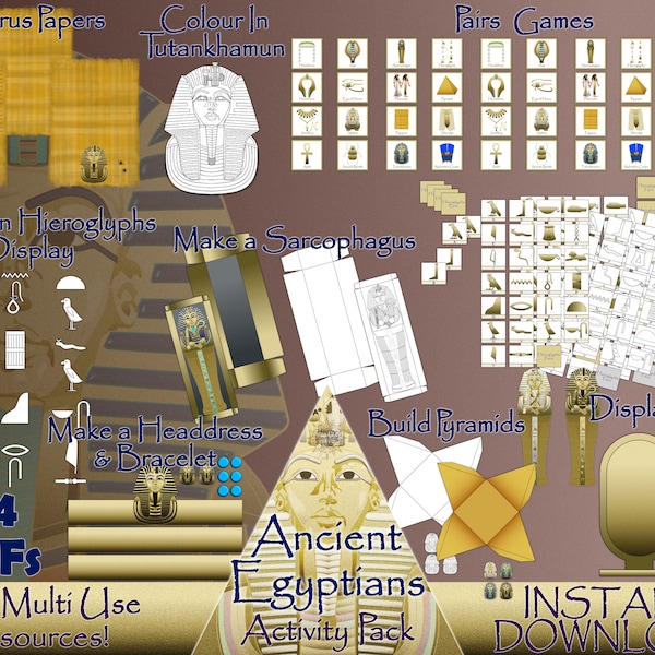Ancient Egyptian Activity Pack, Egyptian Construction Kit, Sarcophagus, Tutankhamun, Pyramids, Hieroglyphics, Kids Printable PDF, Digital