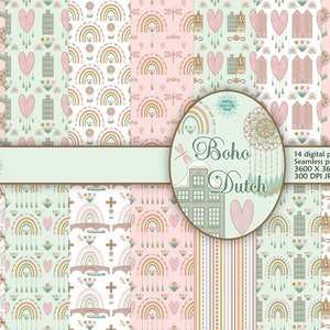 Papeles digitales de casas del canal de Ámsterdam, papeles con estampados bohemios holandeses sin costuras, arcoíris bohemios, descarga digital