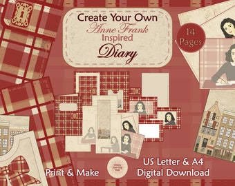 Anne Frank Inspired Diary Kit, Make Your Own Paper Diary Kit, Learning and School, History, Printable Tartan Diary Kit, Digital Download