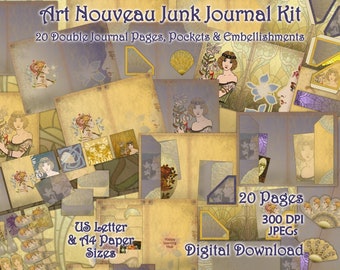 Puede incluir: Un kit de descarga digital para crear un diario de desechos con un tema Art Nouveau. El kit incluye 20 páginas de diario dobles, bolsillos y adornos en tamaños de papel US Letter y A4. Las imágenes presentan una estética vintage con patrones florales, mujeres con vestidos fluidos y diseños Art Nouveau. El kit es de 300 DPI e incluye archivos JPEG.