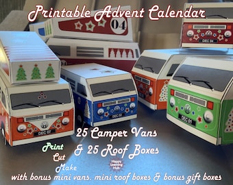 Printable Advent Calendar Boxes, Camper Van Advent Calendar, Novelty Calendar, DIY Advent, Retro Advent, Christmas Calendar, Printable PDF