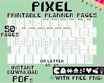 Könnte beinhalten: Ein druckbarer Planer mit 50 Seiten im Pixel-Design. Der Planer enthält Monatskalenderseiten, Wochenplanseiten und andere nützliche Seiten. Der Planer ist in den Formaten US Letter und A4 erhältlich. Das Bild enthält auch kostenlose Pixelgrafiken.
