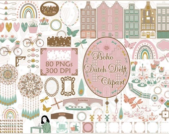 Amsterdam Clipart, Dutch Canal Houses, Dutch Delft, Spring, Tulips, Boho Theme Clipart, PNGs, Digital Download