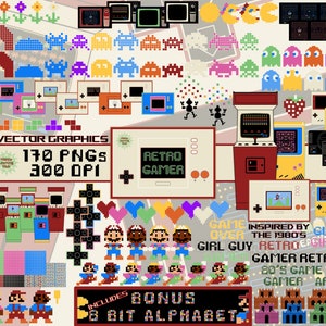 Retro Gamer Clipart, Gamer PNG Bundle, 80's Clipart, Spielekonsolen, Arcade Spiele, Space Invaders, Pacman, Mario, 8 Bit, digitaler Download