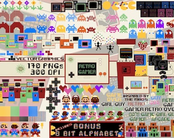 Retro Gamer Clipart, Gamer PNG Bundle, 80's Clipart, Gaming Consoles, Arcade Games, Space Invaders, Pacman, Mario, 8 Bit, Digital Download