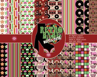 Retro Digital Paper, 80s Seamless Patterns, 70s Retro, Disco, Roller Skates, Boombox, Flower Power, Groovy, Digital Download