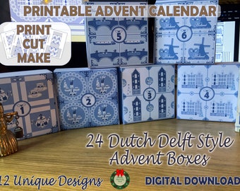 Printable Advent Calendar Boxes, Dutch Delft Blue Inspired DIY Advent Calendar, Digital Download