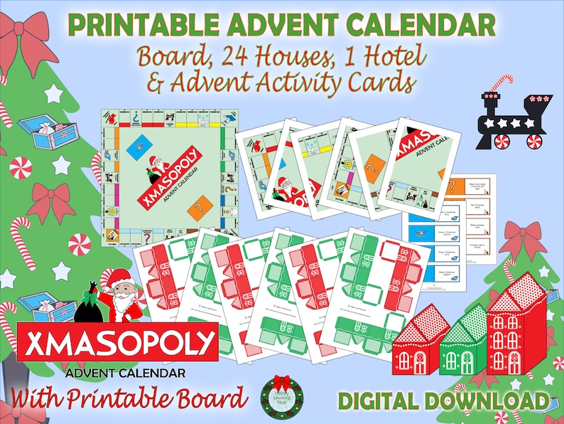 Printable Advent Calendar Houses, DIY Advent Calendar, Monopoly Advent