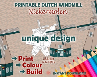 Amsterdam Windmill Printable: 3D Paper Model, Colouring Craft (Instant Download)