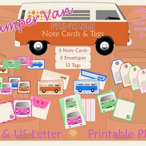 VW Campervan Notitiekaarten, Retro Camper Van Notitiekaarten, Afdrukbare enveloppen, VW Westfalia, Klassieke Caravelle, Digitale Download