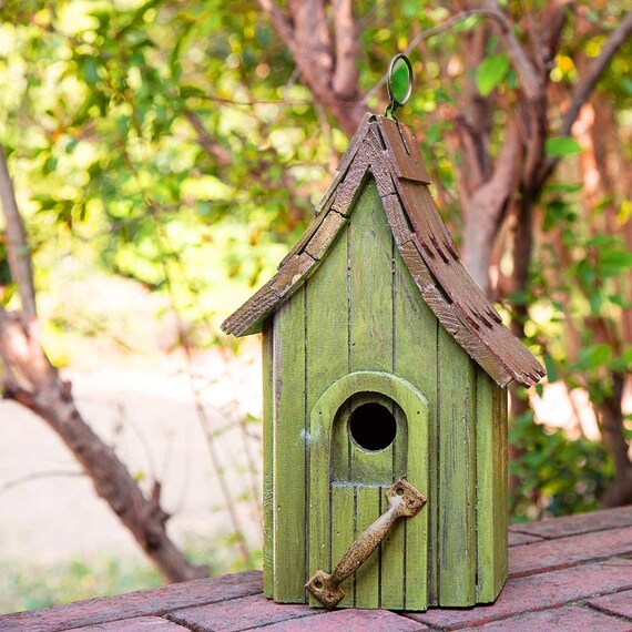 Green Hand Painted Garden Wood Birdhouse With Single Roof Etsy