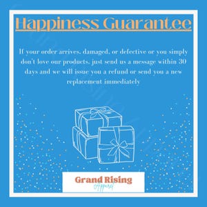 May include: A blue background with white confetti and a white illustration of three wrapped gifts. The text "Happiness Guarantee" is in orange at the top of the image. The text below the gifts reads "If your order arrives, damaged, or defective or you simply don't love our products, just send us a message within 30 days and we will issue you a refund or send you a new replacement immediately". The text "Grand Rising Apparel" is in red and white at the bottom of the image.