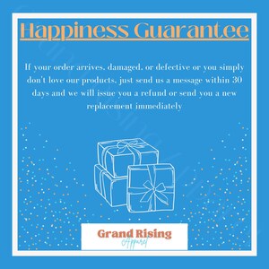 May include: A blue graphic with the text "Happiness Guarantee" in orange. The text below states the refund policy. Outlined gift boxes are stacked on top of each other. The Grand Rising Apparel logo is at the bottom.