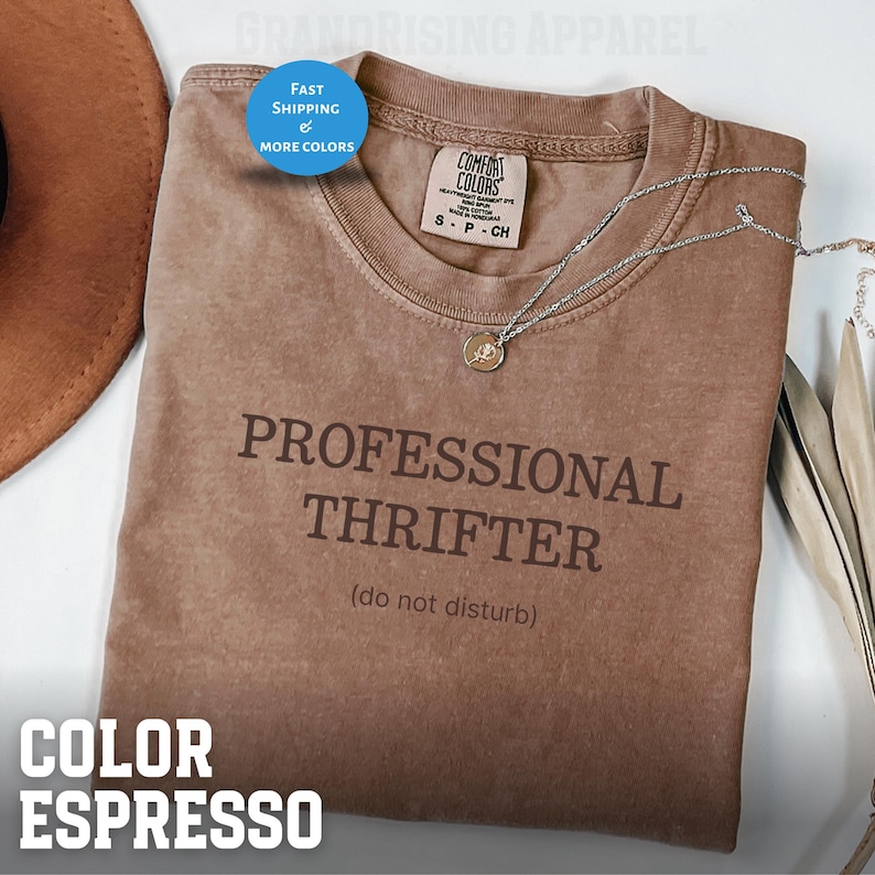 May include: Espresso-colored t-shirt with the text "PROFESSIONAL THRIFTER (do not disturb)". The shirt has a crew neck and short sleeves. A silver necklace with a pendant is draped across the shirt. The shirt is labeled "Comfort Colors" and is size S-P-CH.