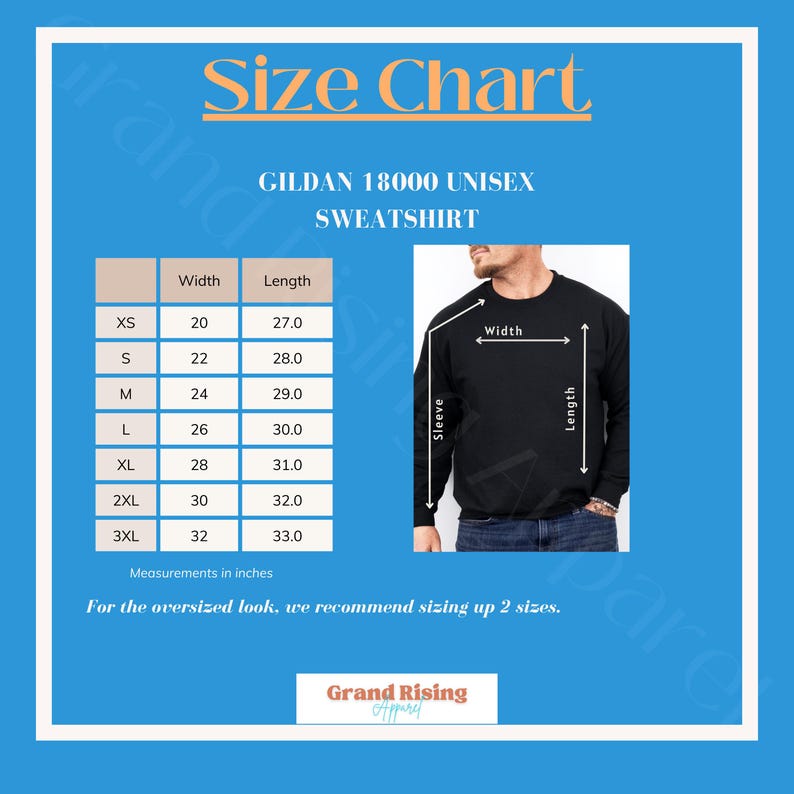 May include: Size chart for a Gildan 18000 unisex sweatshirt. The chart shows measurements in inches for width and length of the sweatshirt in sizes XS, S, M, L, XL, 2XL, and 3XL. The chart also includes a photo of a person wearing the sweatshirt.