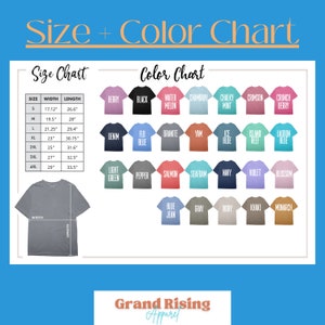 May include: Size and color chart for t-shirts. The chart shows sizes from S to 4XL with corresponding width and length measurements in inches. The color chart shows 20 different colors for t-shirts, including berry, black, water melon, Chambray, chalky mint, crimson, crunch berry, denim, flo blue, granite, yam, ice blue, island reef, lagoon blue, light green, pepper, salmon, seafoam, navy, violet, blossom, blue jean, gray, ivory, khaki, and monarch.