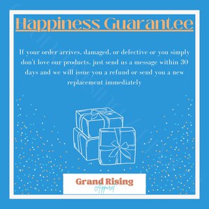 May include: A blue background with white confetti and a white illustration of three stacked gift boxes with bows. The text "Happiness Guarantee" is in orange at the top of the image. The text "If your order arrives, damaged, or defective or you simply don't love our products, just send us a message within 30 days and we will issue you a refund or send you a new replacement immediately" is in white below the illustration. The text "Grand Rising Apparel" is in orange at the bottom of the image.