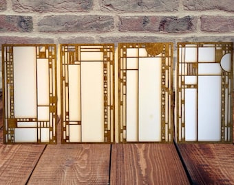 Boho Modern Frank Lloyd Wright-inspired Art Deco Stained Glass wood wall art, 4 panels, decor wall art original-J