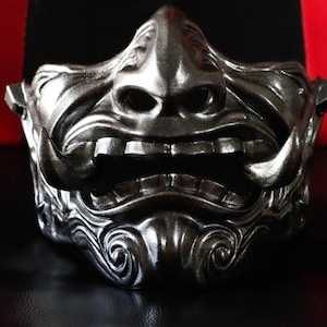 3D Printed Metallic Black Oni Mask: Japanese Samurai Mempo, Cosplay