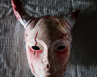 Masque Hannya Oni cramoisi fait main – Art démoniaque japonais portable