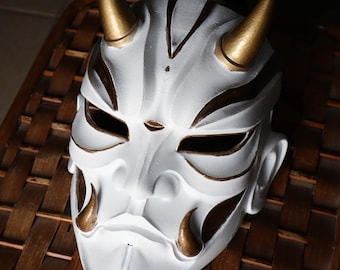 Masque Oni blanc imprimé en 3D : démon japonais, cornes d'or