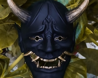 Masque Kuro Oni fait main - Démon japonais à cornes noires et dorées