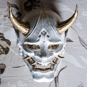 Handcrafted White Oni Mask: Japanese Demon, Cosplay, Wall Decor