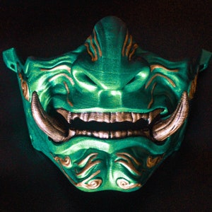 Oni Green Japanese Mask, Wearable Half Mask Samurai Style, Demon mask