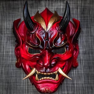 Handmade Dark Oni Samurai Mask | Red Demon Japanese Warrior Mask | Wearable Cosplay or Wall Art | Hand Painted Oni Mask | Dark Samurai Decor
