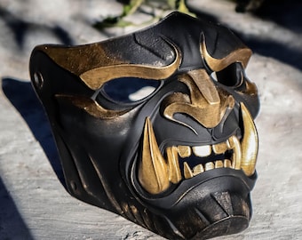 Masque Oni noir fait main - Démon samouraï, art mural cosplay