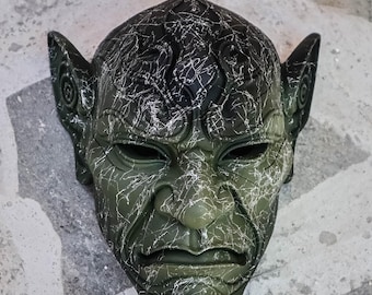 Masque de lutin vert fait main : oeuvre d'art murale fantastique, costume de cosplay