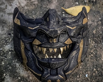 Masque d'oni noir imprimé en 3D – armure de démon japonais, cosplay ou oeuvre d'art murale
