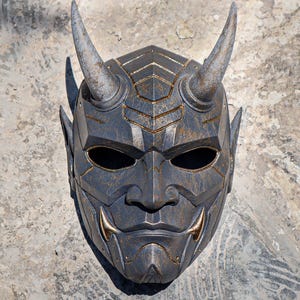 Cyberpunk 2077 Oni Mask with Silver Horns – Wearable or Decorative | Japanese Demon Mask for Cosplay, LARP, Samurai Decor, Halloween Prop
