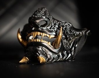 3D Printed Oni Mask: Black & Gold Samurai Mempo, Cosplay Hannya Mask