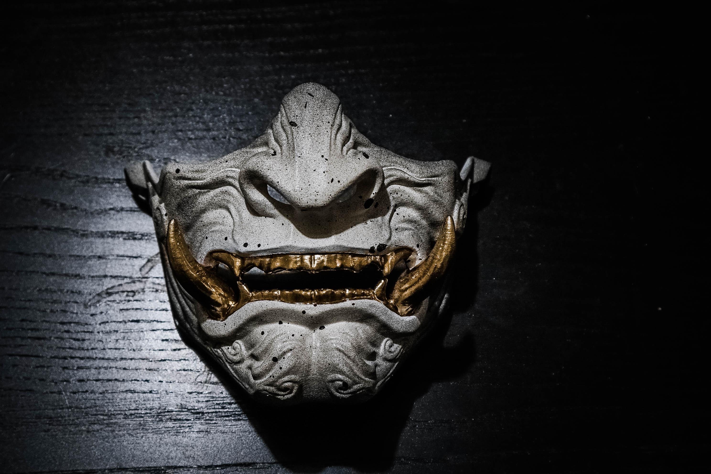 Japanese Half Face Camo Oni Mask - Wearable Mempo Traditional Samurai Mask - Hanbo