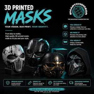Puede incluir: Cuatro máscaras impresas en 3D con diseños distintos, incluyendo una máscara blanca tipo calavera, una máscara táctica negra, una máscara estilo ninja en oro y negro con caracteres japoneses y una máscara oscura con capucha y detalles azules.