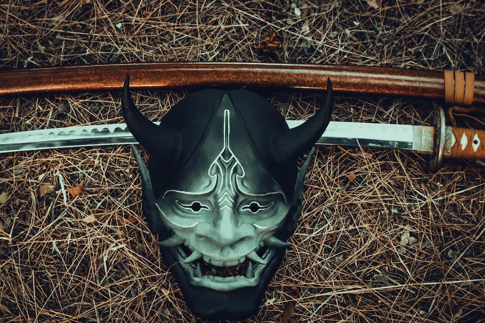 Oni Demon Hannya Mask Black & Grey With Silver Details Japanese Samurai ...