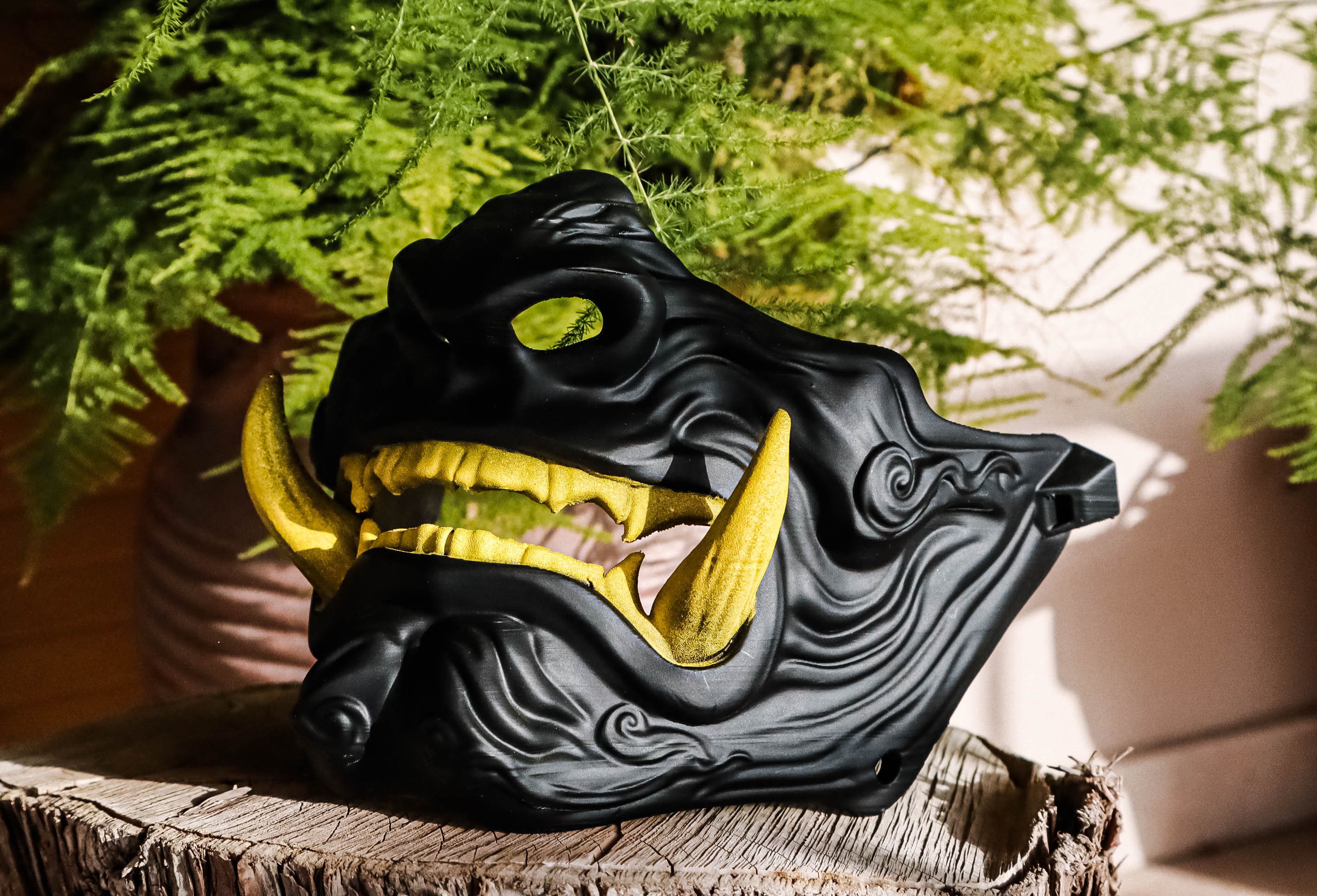 Oni Half Face Wearable Mempo Mask, Japanese Samurai Cosplay Steelish Black Half  Face Mask, Ninja Armour, Youkai Half Mask With Big Fangs 