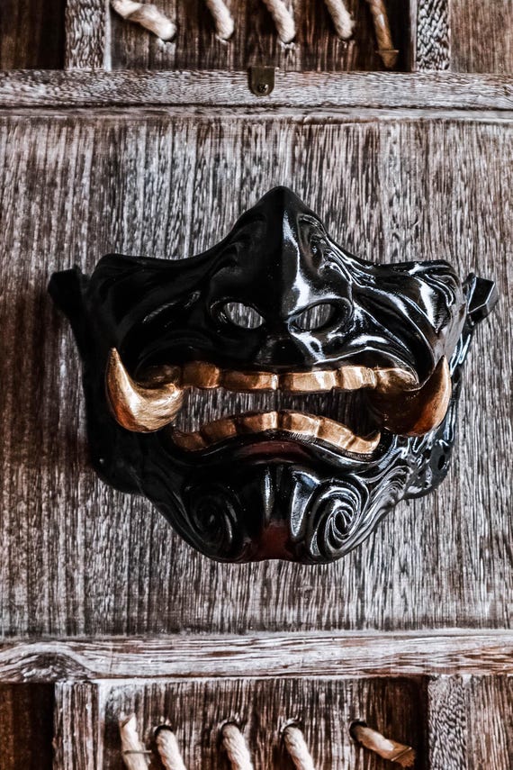 Oni Half Face Mempo Japanese Wearable Hannya Samurai Mask - Gold